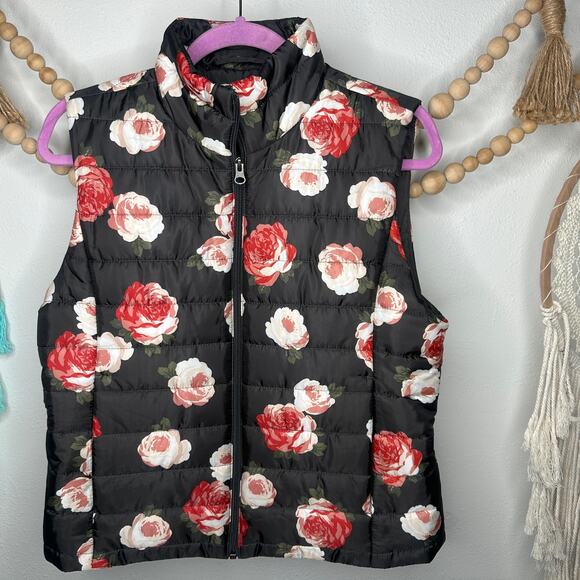 Loft Black Floral Puffer Vest - Picture 1 of 3
